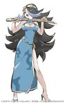  black_hair blue_hair breasts china_dress chinese_clothes chorimokki cleavage dress goggles goggles_on_head hair_over_one_eye izumi_(pokemon) katana large_breasts long_dress long_hair multicolored_hair pokemon pokemon_(game) pokemon_oras sheath sheathed side_slit solo sword team_aqua two-tone_hair very_long_hair weapon 