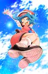 ;d arm_up blue_eyes blue_hair blue_sky cloud day foreshortening harusame_(unmei_no_ikasumi) hat highres juliet_sleeves long_sleeves merlin_prismriver motion_blur one_eye_closed open_mouth puffy_sleeves shirt skirt skirt_set sky smile solo touhou vest 