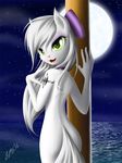  2014 anthro bow cat collar feline female friendship_is_magic green_eyes hair mammal moon my_little_pony night opalescence_(mlp) pink_nose pole sky smile solo star tattoo water white_hair white_skin zigword 