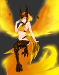  ;) absurdres bare_shoulders breasts defense_of_the_ancients dota_2 feathered_wings glowing glowing_tail glowing_wings grin halterneck highres less looking_at_viewer midriff monster_girl navel one_eye_closed orange_hair phoenix_(dota) phoenix_wings short_hair small_breasts smile solo talons tattoo underboob wings yellow_eyes 