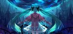  baisi_shaonian bird bloodborne blue_hair bridal_gauntlets capelet castle hair_ribbon hatsune_miku long_hair outstretched_arms ribbon shirt skirt solo twintails very_long_hair vocaloid 