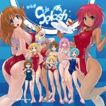  6+girls :d arena_(company) asics ass back blue_eyes blue_hair blush breasts brown_hair cake cat cleavage competition_swimsuit covered_nipples cup dark_skin food glasses grey_hair hands_on_hips large_breasts long_hair looking_at_viewer male_swimwear medium_breasts multiple_girls murasaki_nyaa one-piece_swimsuit open_mouth original parfait pink_hair sandals saucer school_swimsuit short_hair small_breasts smile spill swim_briefs swimsuit swimwear tea teacup tray twintails waitress 