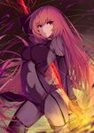  arm_up bodysuit breasts covered_navel fate/grand_order fate_(series) gae_bolg long_hair medium_breasts pauldrons polearm purple_bodysuit purple_hair red_eyes saisarisu scathach_(fate)_(all) scathach_(fate/grand_order) solo weapon 