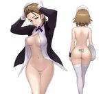  adjusting_hair arms_at_sides ass back body_writing bottomless breasts brooch brown_hair butt_crack buttons detached_collar earrings gloves green_eyes hair_slicked_back hands_on_own_head hands_up head_tilt holding idolmaster idolmaster_cinderella_girls jacket jewelry kimura_natsuki kneepits large_breasts long_sleeves looking_at_viewer maid_headdress multiple_views navel no_bra nude open_clothes open_jacket open_shirt purple_ribbon ribbon shirt short_hair simple_background stomach stud_earrings thigh_gap thighhighs tray unbuttoned wata_do_chinkuru white_background white_gloves white_legwear white_shirt wrist_cuffs 