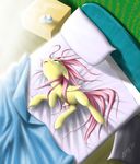  2013 alarm_clock bed bed_sheet blue_eyes cutie_mark equine feathered_wings feathers female feral fluttershy_(mlp) friendship_is_magic fur hair inside lying mammal my_little_pony on_back pegasus pillow pink_hair solo table wings yellow_feathers yellow_fur zigword 