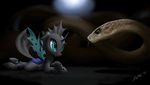  2014 ambiguous_gender black_background blue_eyes changeling drone duo equine feral friendship_is_magic fur horn lying mammal my_little_pony reptile scalie simple_background snake tongue wings zigword 