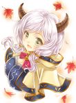  2016 :d autumn_leaves bangs blush breasts camieux cleavage dated draph granblue_fantasy green_eyes horns large_breasts long_hair looking_at_viewer low_twintails open_mouth smile solo twintails upper_body white_hair yano_takumi 