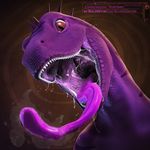  2013 3d_(artwork) ambiguous_gender cgi digital_media_(artwork) dinosaur dripping drooling feral hi_res horn imminent_vore lizard long_tongue looking_at_viewer open_mouth purple_scales raptor reptile salireths saliva scales scalie sharp_teeth simple_background smile solo surprise teeth tongue tongue_out vore 