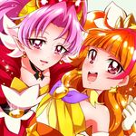  :d absurdres akagi_towa amanogawa_kirara bad_id bad_pixiv_id belt blush brooch brown_hair choker cure_scarlet cure_twinkle earrings go!_princess_precure highres jewelry long_hair looking_at_viewer magical_girl multicolored_hair multiple_girls open_mouth pink_hair pointy_ears precure red_eyes red_hair sharumon smile sparkle star star_earrings streaked_hair two-tone_hair upper_body white_background 