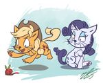  2015 abstract_background applejack_(mlp) assasinmonkey cat chibi cowboy_hat cutie_mark duo equine feline female friendship_is_magic hat horn horse mammal my_little_pony pony rarity_(mlp) smile unicorn whiskers 