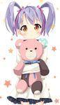  brown_eyes kumamakura_kurumi maccha musaigen_no_phantom_world purple_hair short_hair smile solo stuffed_animal stuffed_toy teddy_bear twintails 