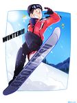  anubisu-no-sinpan brown_hair day english gloves goggles goggles_on_head looking_at_viewer male_focus matsuno_osomatsu mountain osomatsu-kun osomatsu-san sky smile snowboard snowboarding solo sparkle winter_clothes 