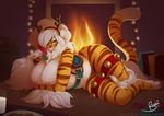 anthro bell big_breasts breasts buxbi buxbi_(character) christmas feline female fur hair headband holidays looking_at_viewer mammal mistletoe nipple_piercing nipples piercing plant saddle slightly_chubby smile solo stripes thick_thighs tiger white_hair wide_hips yellow_eyes 
