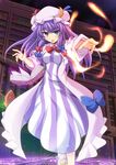  book bookshelf coat crescent cross_(crossryou) dress hair_ribbon hat library long_hair long_sleeves looking_at_viewer magic_circle mob_cap open_clothes open_coat open_mouth patchouli_knowledge purple_dress purple_eyes purple_hair ribbon solo striped striped_dress touhou tress_ribbon very_long_hair 