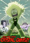  1boy 4girls afro amethyst_(steven_universe) bad_source blush bodysuit english explosion garnet_(steven_universe) green_bodysuit green_hair green_skin kohira-san looking_at_viewer multiple_girls open_mouth pearl_(steven_universe) peridot_(steven_universe) spoilers star star-shaped_pupils steven_quartz_universe steven_universe sweat symbol-shaped_pupils 