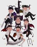  6+boys baseball_bat black_hair blue_eyes demon_boy demon_horns demon_tail demon_wings formal green_eyes gun half-closed_eyes highres horns jacket kinzoku_bat looking_at_viewer male_focus matsuno_choromatsu matsuno_ichimatsu matsuno_juushimatsu matsuno_karamatsu matsuno_osomatsu matsuno_todomatsu metal_bat multiple_boys necktie open_clothes open_jacket osomatsu-kun osomatsu-san pink_eyes pitchfork purple_eyes red_eyes saytzeff scythe sextuplets siblings socks sparkle suit suspenders sword tail upside-down weapon wings yellow_eyes 