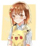  1girl ^_^ biribiri blurry blurry_background brown_eyes brown_hair closed_eyes closed_mouth collared_shirt commentary_request crossover dress_shirt electricity eyebrows_visible_through_hair highres holding holding_pokemon looking_at_viewer misaka_mikoto open_mouth pikachu poem-apple pokemon pokemon_(creature) school_uniform shirt short_hair short_sleeves sketch smile sweater_vest toaru_kagaku_no_railgun toaru_majutsu_no_index tokiwadai_school_uniform trait_connection upper_body white_shirt yellow_background 