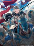  40hara armor blue_eyes faceless faceless_male fire_emblem fire_emblem_cipher fire_emblem_if flag gauntlets gloves grey_hair horse lance official_art open_mouth polearm solo_focus sophie_(fire_emblem_if) weapon 