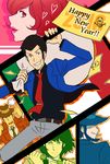  arsene_lupin_iii bad_id bad_pixiv_id black_hair blue_jacket cigarette citrus_tsukiko commentary_request dated english flat_color grin happy_new_year heart highres ishikawa_goemon_xiii jacket jigen_daisuke lips looking_at_viewer lupin_iii mine_fujiko mouth_hold necktie new_year red_neckwear sack short_hair smile zenigata_kouichi 