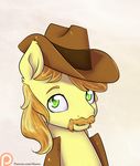  2015 alasou braeburn_(mlp) cowboy_hat earth_pony equine facial_hair friendship_is_magic fur green_eyes hair hat horse looking_at_viewer male mammal multicolored_hair mustache my_little_pony patreon pony portrait solo two_tone_hair yellow_fur 
