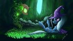  2014 blue_hair cape clothing cutie_mark equine female flying forest friendship_is_magic glowing glowing_eyes grass green_eyes grey_hair hair hat hi_res horn mammal my_little_pony purple_eyes sky solo spirit stone tree trixie_(mlp) unicorn wizard_hat zigword 