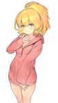  aos blonde_hair character_request hood hoodie looking_at_viewer naked_hoodie ponytail short_hair simple_background solo white_background yellow_eyes 