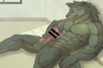  a3_lion abs anthro balls blush canine censored colored erection fur grey_fur humanoid_penis ineffective_censorship male mammal masturbation muscular nude pecs penis precum reclining simple_background solo wolf 