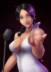  2015 alex_benedetto bare_shoulders black_hair blue_eyes braid breasts cleavage dark_skin dress gangsta gown halterneck highres large_breasts lipstick looking_at_viewer makeup microphone outstretched_arm parted_lips scyfon solo white_dress 