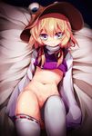  blonde_hair blue_eyes blush bottomless hagure_kedama hair_ribbon hat highres long_sleeves moriya_suwako navel on_bed pyonta ribbon solo thighhighs touhou wet white_legwear 