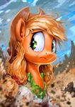  2015 abstract_background applejack_(mlp) assasinmonkey blonde_hair clothing cowboy_hat crying dust earth_pony equine female feral freckles friendship_is_magic fur green_eyes hair hat horse mammal my_little_pony orange_fur pony solo tears torn_clothing 