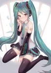  aqua_hair black_footwear black_legwear boots detached_sleeves flat_chest hatsune_miku headphones long_hair looking_at_viewer meto31 necktie pleated_skirt sitting skirt smile solo thigh_boots thighhighs twintails very_long_hair vocaloid wariza wide_sleeves zettai_ryouiki 