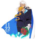  2boys bishoujo_senshi_sailor_moon bouquet cape closed_eyes dated flower from_behind gloves kunzite_(sailor_moon) low_ponytail lycoriscoris0813_(12) male_focus multiple_boys orange_hair red_flower red_rose rose white_gloves white_hair yaoi zoisite_(sailor_moon) 