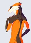  brown_eyes brown_fur fur looking_back male mammal okithau orange_fur sergal simple_background solo white_fur 