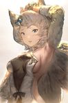  animal_ears aos arm_up armpits blush bob_cut bracelet breasts criss-cross_halter detached_sleeves erune gradient gradient_background granblue_fantasy halter_top halterneck highres jewelry mole mole_under_mouth see-through short_hair silver_eyes silver_hair simple_background small_breasts solo sutera_(granblue_fantasy) sweatdrop upper_body 