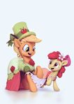  2015 amber_eyes apple apple_bloom_(mlp) applejack_(mlp) assasinmonkey blonde_hair bow clothing cowboy_hat dress duo earth_pony equine female feral food friendship_is_magic fruit fur green_eyes hair hat horse mammal my_little_pony pony red_hair sibling simple_background sisters smile white_background yellow_fur 