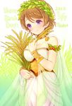  armlet bangs bare_shoulders bracelet brown_hair character_name corset dated happy_birthday isao_(wasamoti) jewelry koizumi_hanayo love_live! love_live!_school_idol_festival love_live!_school_idol_project necklace olive_wreath purple_eyes rice see-through short_hair smile solo swept_bangs toga wheat 