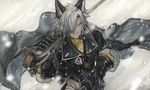  animal_ears belt black_gloves blue_eyes buckle cape carrying_over_shoulder cropped_jacket dark_skin dark_skinned_male erune eustace_(granblue_fantasy) from_above gloves granblue_fantasy gun hair_over_one_eye holding holding_weapon looking_at_viewer male_focus motion_blur outdoors over_shoulder rifle snow snowing solo upper_body weapon weapon_over_shoulder white_hair wind zinnkousai3850 