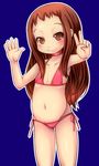  bikini borrowed_character brown_eyes brown_hair child flat_chest highres hinako_(teruki_kuma) long_hair nanashi_mushi navel original outstretched_arm side-tie_bikini smile solo swimsuit v waving 