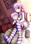  :3 arlly_radithia bed blush box d-pad d-pad_hair_ornament dogoo game_console hair_ornament highres nepgear neptune_(series) one_eye_closed prinny purple_eyes purple_hair striped striped_legwear stuffed_animal stuffed_toy 