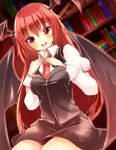  armband aura bad_id bad_pixiv_id bangs black_skirt black_vest book bookshelf breasts brown_eyes collared_shirt commentary demon_wings eyes_visible_through_hair fingers_together gradient_eyes head_wings highres koakuma long_hair looking_at_viewer medium_breasts multicolored multicolored_eyes necktie purple_eyes red_hair red_neckwear reflective_eyes shirt sitting skirt smile solo thighs touhou varyu very_long_hair vest white_shirt wings yellow_eyes 