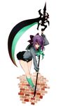  aqua_legwear bangs black_skirt bow full_body hair_bow highres hiiragi_shinoa long_hair long_sleeves looking_at_viewer owari_no_seraph purple_hair red_bow red_eyes school_uniform scythe serafuku skirt smile socks solo yamaguchi_satoshi 