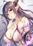  :o bandaged_arm bandages bangs bare_shoulders black_ribbon blush breasts brown_hair chiyingzai cleavage collarbone covered_nipples crescent crescent_hair_ornament danua draph dress eyebrows_visible_through_hair finger_to_chin glowing granblue_fantasy grey_background hair_between_eyes hair_ornament hand_on_own_chest highres horn_ornament horns jewelry large_breasts long_hair looking_at_viewer nail_polish necklace no_bra open_mouth parted_lips pendant pink_nails pointy_ears red_eyes ribbon simple_background sleeveless sleeveless_dress solo upper_body very_long_hair white_dress 
