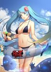  1girl absurdres aqua_hair ass_visible_through_thighs bare_shoulders bikini blonde_hair blue_eyes breasts choker cleavage cloud day daye_bie_qia_lian ezreal goggles goggles_on_head gradient_hair highres large_breasts league_of_legends lips long_hair looking_at_viewer multicolored_hair navel shiny shiny_skin side-tie_bikini skindentation sky sona_buvelle swimsuit twintails underboob very_long_hair 