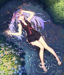  ahoge barefoot black_shirt dress_shirt flower from_above hand_on_forehead hoshi_o_mite isla_(plastic_memories) long_hair looking_at_viewer lying on_back outdoors partially_submerged plastic_memories purple_hair red_eyes shirt solo twintails water 