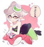  &gt;_&lt; 1girl black_dress blush breasts brown_eyes catchphrase chin_rest closed_eyes commentary_request detached_collar domino_mask dress earrings flying_sweatdrops food food_on_head gloves green_legwear grey_hair hand_on_own_face hotaru_(splatoon) jewelry looking_at_viewer lying mask masochism mole mole_under_eye object_on_head on_stomach pantyhose pointy_ears shoes short_dress short_hair small_breasts smile solo splatoon_(series) splatoon_1 squid strapless strapless_dress tentacle_hair toku_(ke7416613) translated white_gloves 