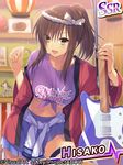  :d angel_beats! breasts brown_eyes brown_hair clothes_around_waist electric_guitar guitar hair_ornament hisako_(angel_beats!) instrument jacket large_breasts leaning_forward leg_up midriff navel off_shoulder open_mouth pleated_skirt ponytail sakura_neko shirt shirt_around_waist skirt smile solo thigh_strap tied_shirt watermark 