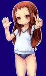  borrowed_character brown_eyes brown_hair buruma child gym_uniform highres hinako_(teruki_kuma) long_hair nanashi_mushi original outstretched_arm shirt smile solo v waving 