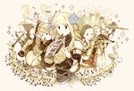  ahoge angel_wings armor atsuko_(thebluewar) band bass_clarinet bassoon baton_(instrument) beige_background belt blonde_hair bow_(instrument) chimes cidolfus_orlandeau clarinet cloak conductor copyright_name delita_heiral double_bass drum dycedarg_beoulve euphonium final_fantasy final_fantasy_tactics flower flute french_horn gauntlets gloves hair_flower hair_ornament head_wings hood hooded_cloak instrument keyboard_(instrument) long_hair mallet_(instrument) marach_galthena melodica multiple_boys multiple_girls music mustadio_bunansa oboe ovelia_atkascha playing_instrument ponytail ramza_beoulve rapha_galthena saxophone shoulder_pads simple_background sparkle stick timpani trombone trumpet tuba ultima_(fft) upper_body veil violin white_hair wings 