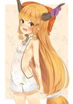  arm_behind_back bangs bare_arms bare_shoulders blonde_hair blush bow breasts brown_eyes chinese_clothes covered_navel covered_nipples fang hair_bow horn_ribbon horns ibuki_suika long_hair looking_at_viewer low-tied_long_hair nishiuri no_bra no_panties oni_horns open_mouth orange_hair pointy_ears red_bow ribbon sideboob small_breasts solo standing touhou very_long_hair 