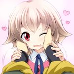  1girl atra_mixta bangs blue_ribbon blush brown_hair cheek_squash close-up gundam gundam_tekketsu_no_orphans hands_on_another's_cheeks hands_on_another's_face heart highres long_sleeves mikazuki_augus one_eye_closed open_mouth pink_background pov red_eyes ribbon short_hair simple_background smile solo_focus watarui 